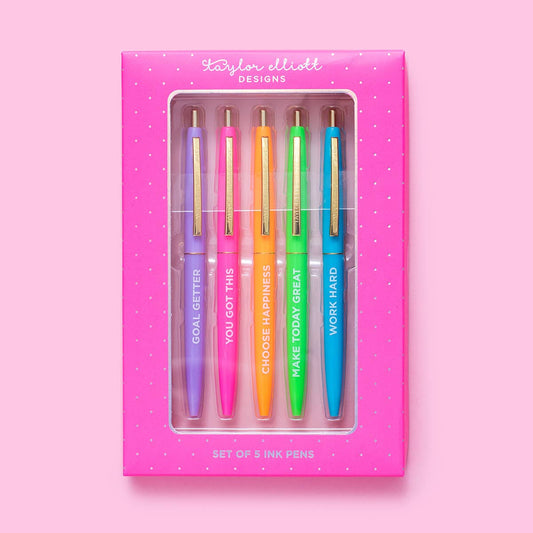 Taylor Elliott Designs - Pen Set - Motivational - Asst Colors - 5 Piece Set - Purses & Pearls
