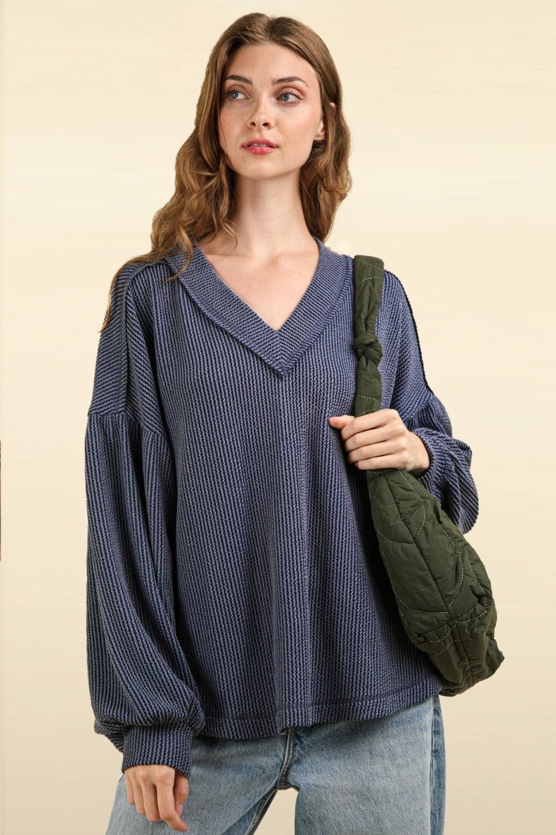 Two Tone Otto Ribbed V - Neck Oversized Knit Top - Purses & Pearls