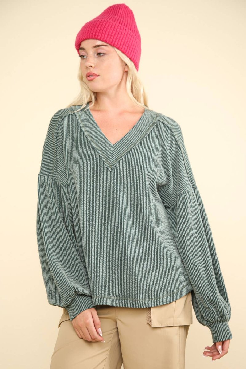 Two Tone Otto Ribbed V - Neck Oversized Knit Top - Purses & Pearls