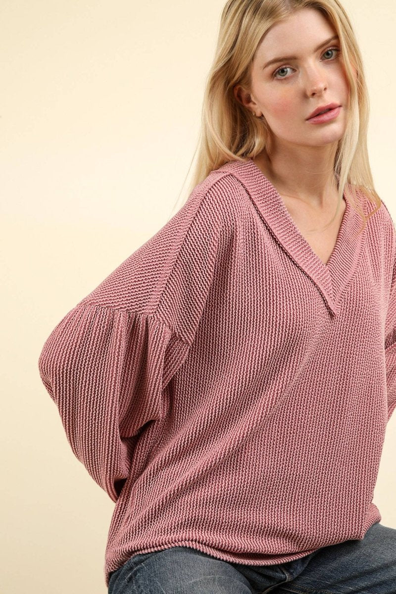 Two Tone Otto Ribbed V - Neck Oversized Knit Top - Purses & Pearls