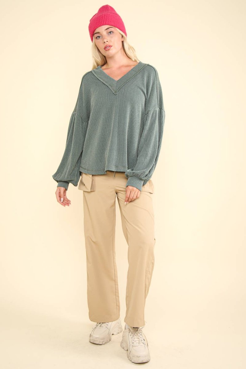 Two Tone Otto Ribbed V - Neck Oversized Knit Top - Purses & Pearls