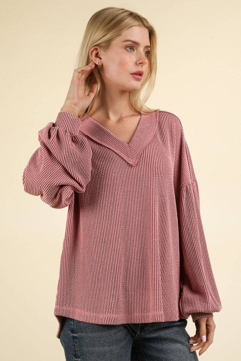 Two Tone Otto Ribbed V - Neck Oversized Knit Top - Purses & Pearls