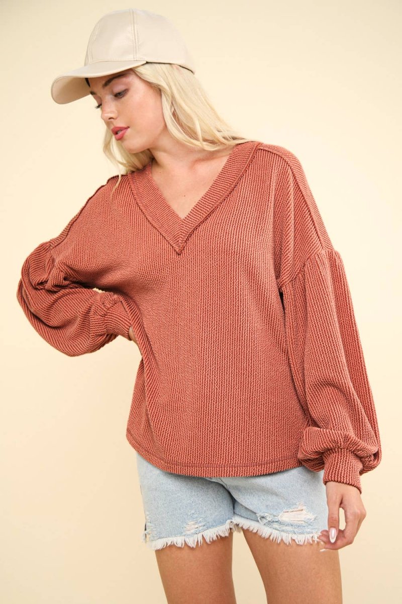 Two Tone Otto Ribbed V - Neck Oversized Knit Top - Purses & Pearls