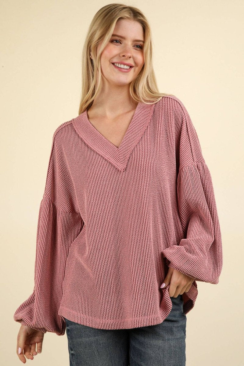 Two Tone Otto Ribbed V - Neck Oversized Knit Top - Purses & Pearls